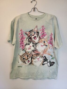 The Mountain Pastel Green Cat Selfies Graphic Tee with Pink Flowers